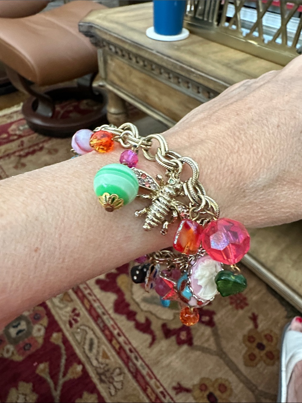 Gold-Tone Charm Bracelet with Pink, Green & Orange Beads